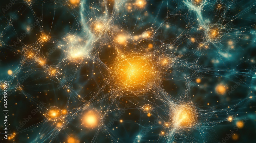 Poster intricate network of glowing nodes and connecting lines, with ai technology concepts depicted throug