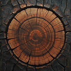 Fototapeta premium A close up view shows the texture and growth s of a tree trunk cut in a square, with a charred, dark outer edge adding dramatic contrast and detail.