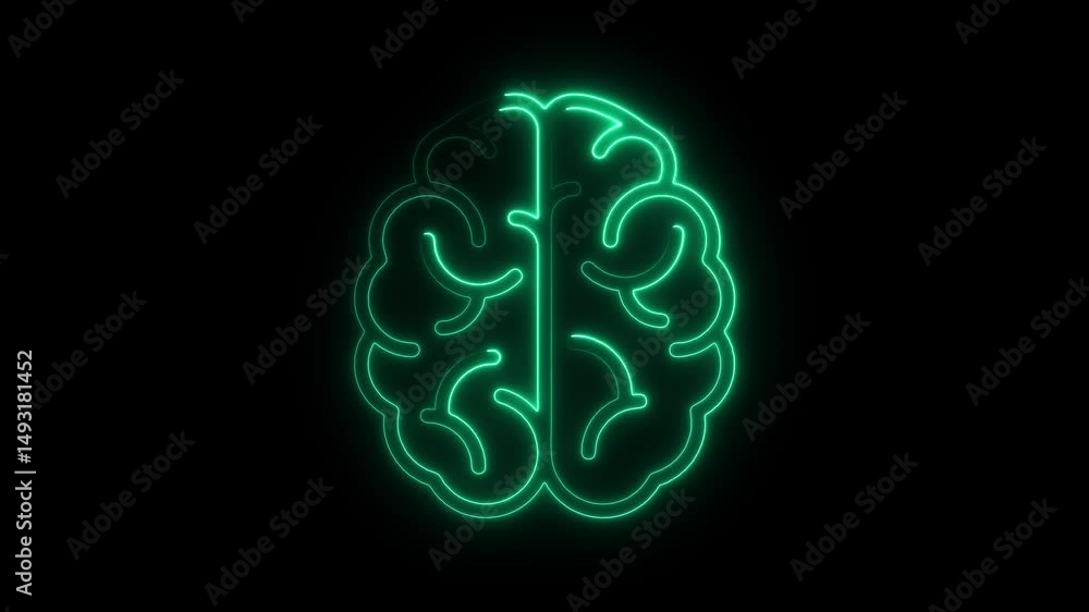 Poster animated neon brain outline on black background representing cognitive function and intelligence