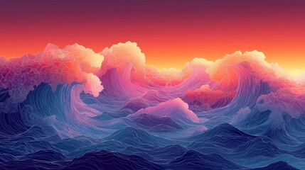 A vibrant digital rende showcases swirling ocean waves colored in shades of blue, pink, and orange under a sunset-colored sky, creating abstract seascape art.