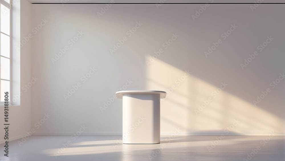 Poster minimalist display area with soft sunlight highlighting a simple white podium in an empty studio spa