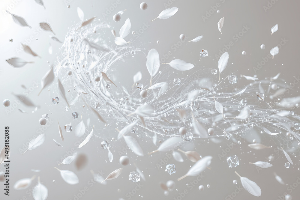 Poster white leaves and particles floating in soft light with delicate motion