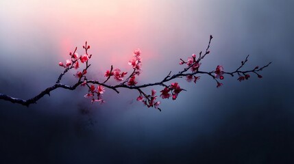 Fototapeta premium Delicate balance: A branch adorned with blooming blossoms against a serene backdrop