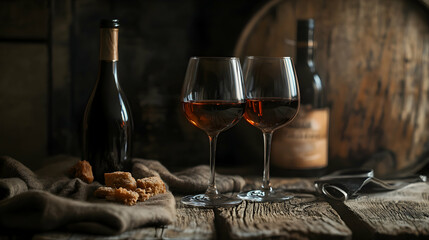 Wine bottles and glasses on a wooden surface near a barrel.