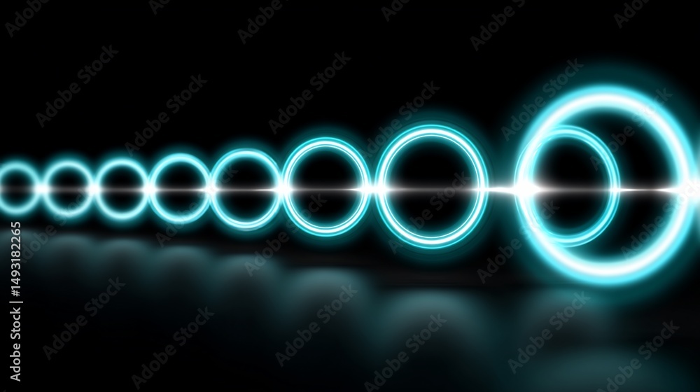 Poster glowing teal circles, decreasing in size and extending on black backdrop