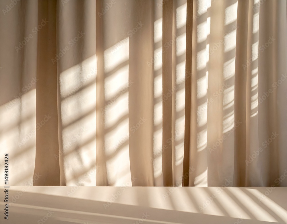 Aufkleber sunlit beige curtains cast shadows on a minimalist surface. ideal for product display or background.