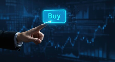 Hand touching a glowing Buy button on a digital stock market chart. Concept for online trading and investment.