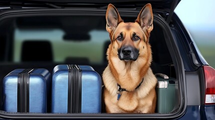 A German Shepherd sits in the open trunk of a car next to blue suitcases, ready for travel.
