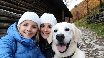 A mother and daughter in white hats smile with their golden retriever outdoors near a rustic cabin and autumn trees.