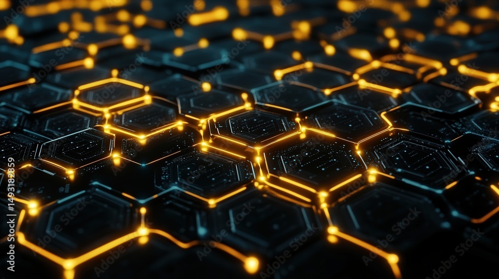 Poster hexagonal connection points on a dark background, forming an intricate web of lines and data, illust