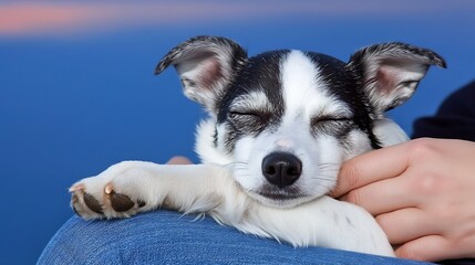 A small black and white dog sleeps peacefully on a person's lap, looking relaxed and content against a blue background.