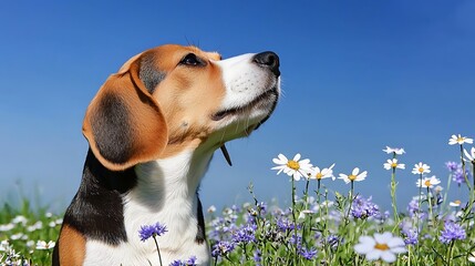 A beagle dog enjoys a sunny day, surrounded by wildflowers in a green field under a clear blue sky.