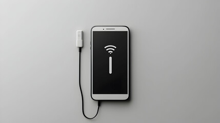 Smartphone charging with a cable against a plain gray background.
