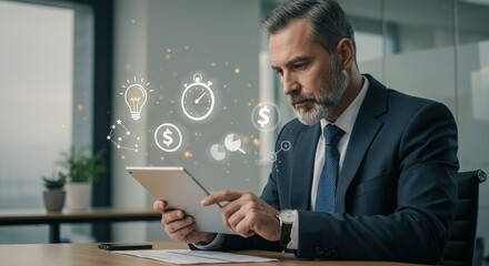 Focused businessman using a tablet with overlaid icons representing business concepts like idea, money, and time management.