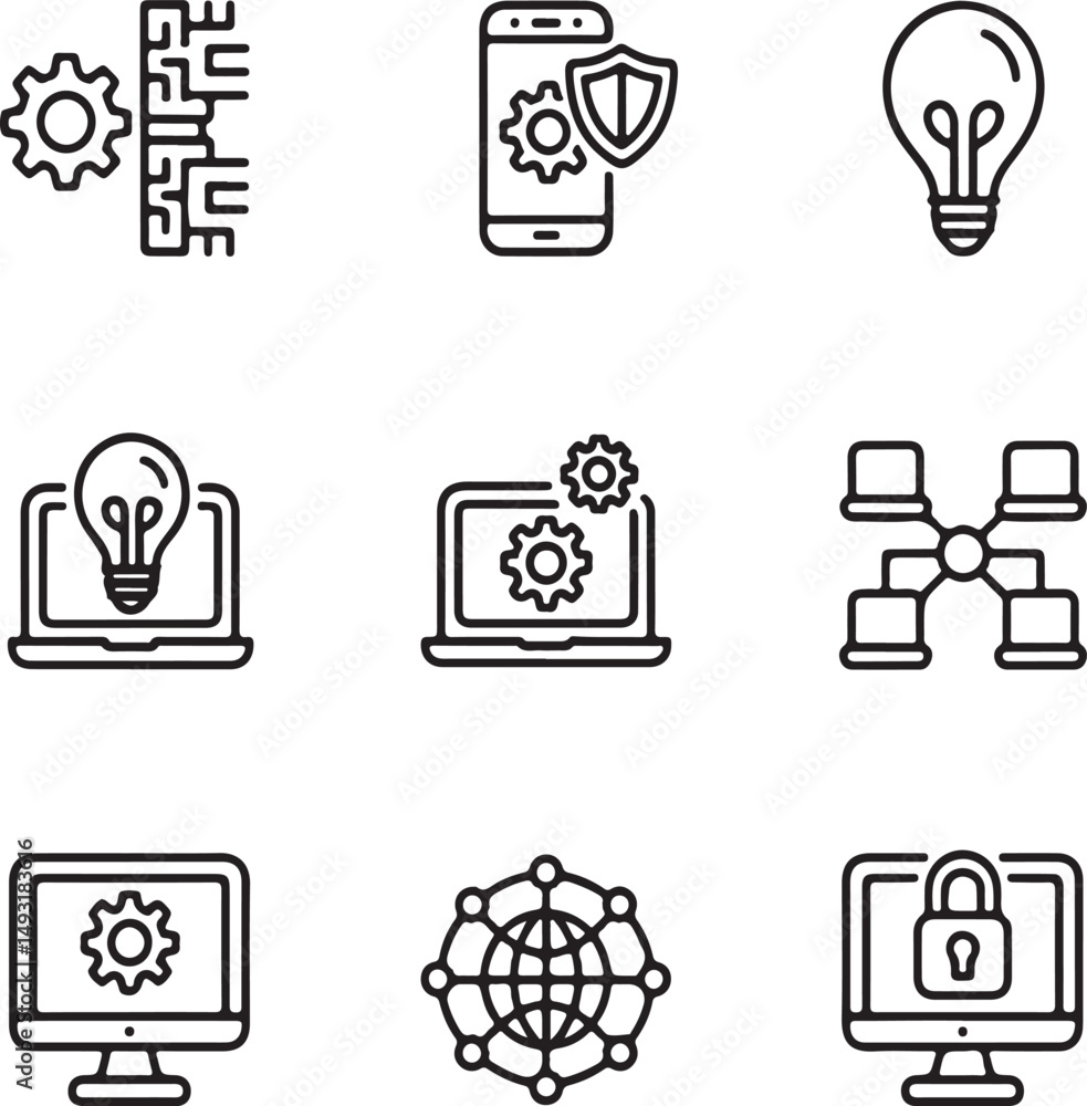 Poster collection of minimalist line art icons representing technology concepts and digital innovations sui
