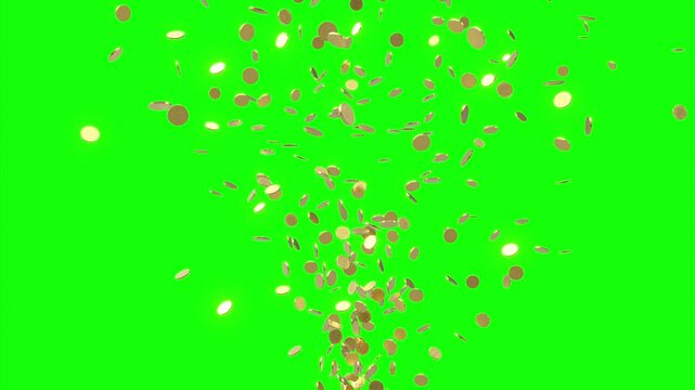Gold coins exploding upwards, isolated on green screen 3d
