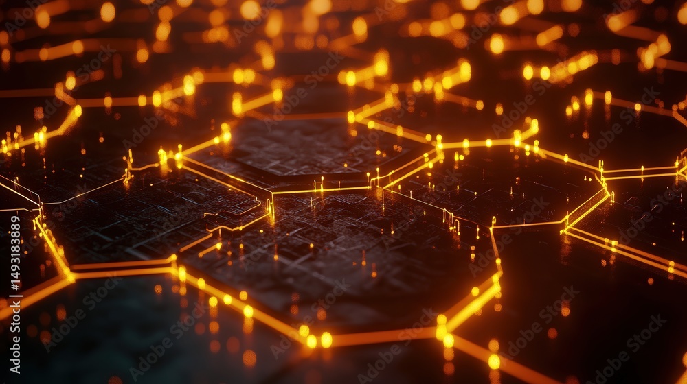 Poster hexagonal grids with glowing lines connecting digital points, representing the intricate and powerfu
