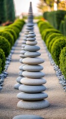 Fototapeta premium Stone Cairns in Garden Path Perspective Zen Balance Meditation Nature Art Outdoor Serene Calm Landscape Tranquility Pebble Stack Rock Tower Harmony