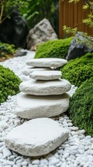 Zen Garden Stone Path Close Up in Japan with Moss and Pebbles for Meditation and Relaxation in a Serene Setting