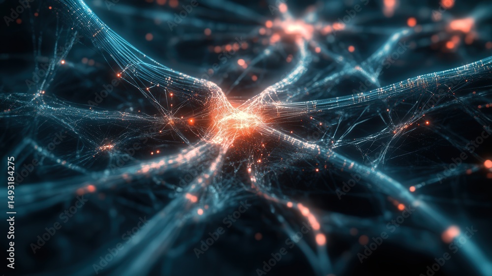 Poster interconnected nodes and lines in a 3d space, symbolizing ai technology concepts with dynamic lighti