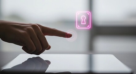 woman hand interacting with a pink glowing keyhole icon on a digital screen. Access control and security technology concept.