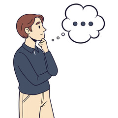 A person with brown hair, wearing a dark shirt and light pants, stands with a hand on their chin and a thought bubble with three dots above their head, indicating contemplation.