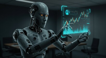Robot analyzes financial data on a futuristic screen, showcasing charts, graphs, and business analytics in a modern office setting.