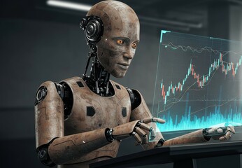 Rusty humanoid robot analyzes stock market data on a transparent screen, showcasing AI in finance and future technology integration.