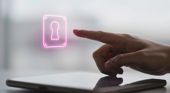 woman hand interacting with a pink glowing keyhole icon on a digital screen. Access control and security technology concept. - Powered by Adobe