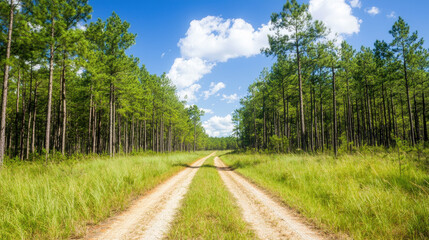 Fototapeta premium Dirt road winding through lush pine forest under bright blue sky creates serene and inviting atmosphere