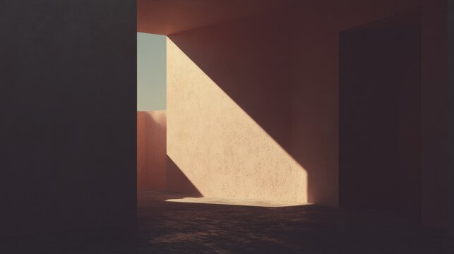 Minimalist interior with matte terracotta walls and golden hour sunlight casting angular shadows. Elegant empty space with natural textures and moody vibe for luxury design or fashion backdrop.