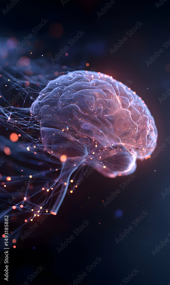 Poster human brain network connection with dots and lines symbolizing neuroscience and artificial intellige