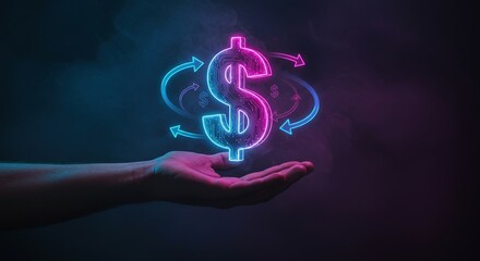 Hand holding a glowing dollar sign with arrows symbolizing money flow, exchange, or investment on a dark background.