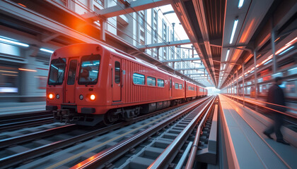 Fototapeta premium Futuristic Innovation Train Network Racing Through Urban Area High-Speed Motion Capture Modern Transportation Concept