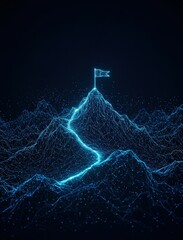 Abstract blue digital landscape with a path leading to a mountain top and a flag, symbolizing achievement and success.