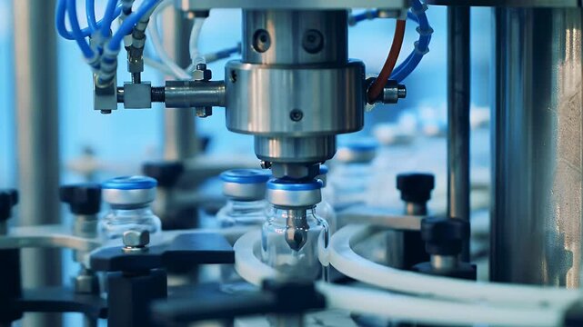 Automated Liquid Filling Machine Precisely Dispensing Fluid into Glass Vials on Conveyor Belt in Pharmaceutical Factory