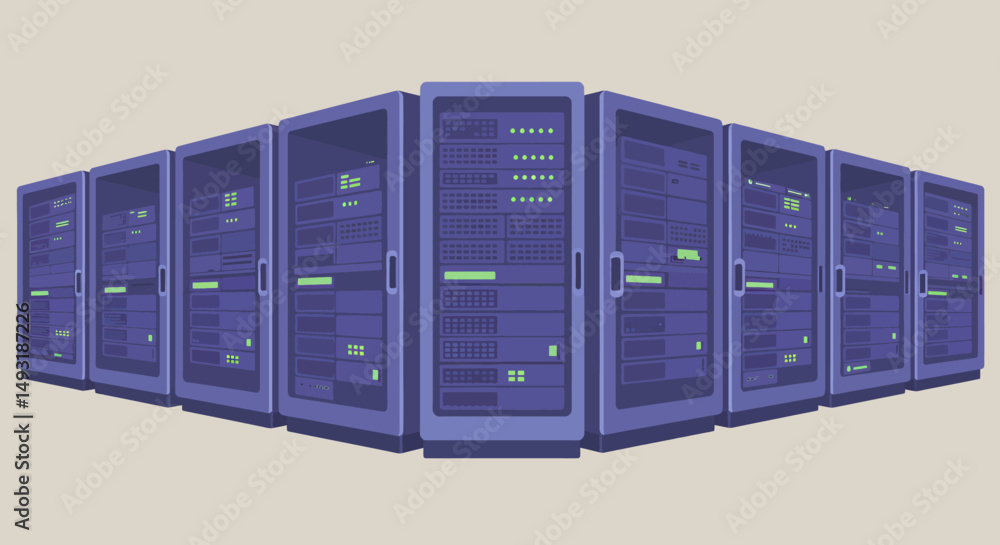 Poster row of server racks in a data center