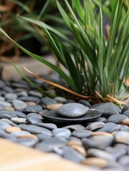 Zen garden detail featuring stacked stones and lush green grass in a tranquil setting at eye level