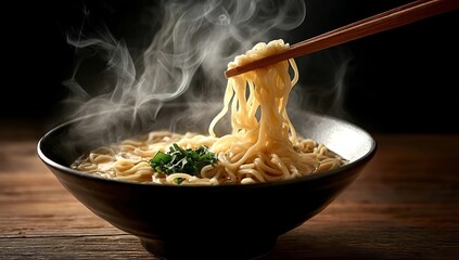 A bowl of steaming ramen noodles being lifted by chopsticks, a classic Japanese dish with abundant