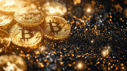Golden cryptocurrency coins on dark background