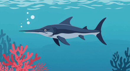 Obraz premium Pixel Art Prehistoric Fish In Underwater Coral Reef