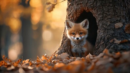 Fototapeta premium Cute fox kit peeking from autumnal den