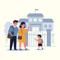 Naklejka premium Parents waving goodbye to their child at school illustration