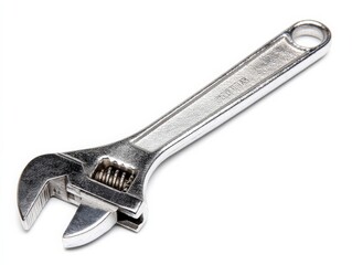 Close-up of a silver adjustable wrench isolated on a white background. A versatile tool for various tasks.