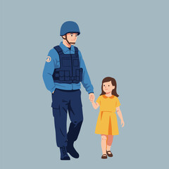 Peacekeeper and Child Walking Together Symbolizing Safety and Protection