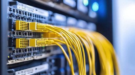 High speed fiber optic cables connected to network switches, showcasing efficient data transmission and connectivity