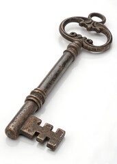 Antique Iron Key with Ornate Design and Aged Texture Isolated on White Background