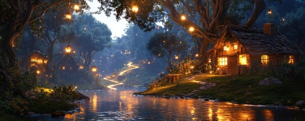 Obraz premium A tranquil forest scene with glowing lights and a serene river at twilight.