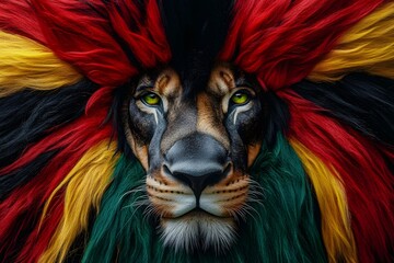 Lion with a painted mane in the colors of Pan Africa, Africa Day, June 19 juneteenth, King of the beasts, Kwanzaa