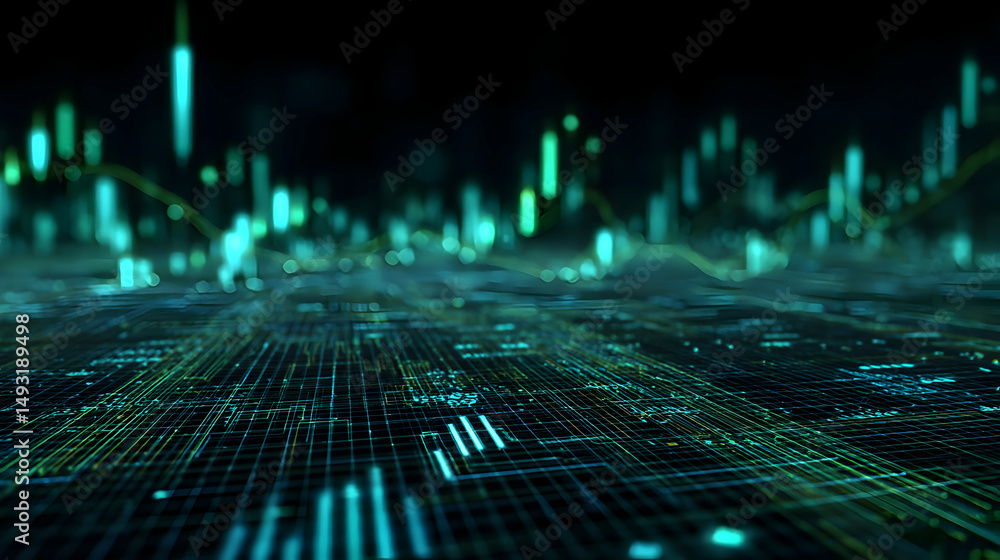 Poster data visualization of futuristic digital landscape showcasing dynamic green data streams and connect